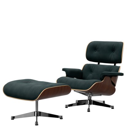 Eames Lounge Chair & Ottoman Calma, Nussbaum dunkel, Calma, pine green, 84 cm - Originalhöhe 1956, Aluminium poliert