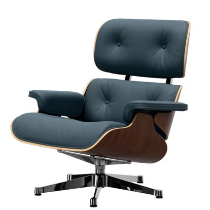 Eames Lounge Chair, Nussbaum dunkel, Leder Premium F rauchblau, 84 cm - Originalhöhe 1956, Aluminium poliert
