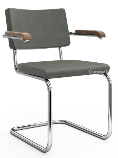 S 64 PV Pure Materials Freischwinger, Nubukleder grüngrau, Nussbaum, Verchromt, Kunststoffgleiter schwarz mit Filz
