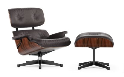 Lounge Chair & Ottoman, Santos Palisander, Leder Premium F chocolate, 89 cm, Aluminium poliert, Seiten schwarz