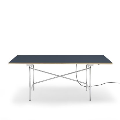 Eiermann 1 Tisch E (Elektrische Höhenverstellung), Linoleum rauchblau (Forbo 4179) mit Eichekante, 180 x 90 cm, Chrom, Mit Kabelkanal