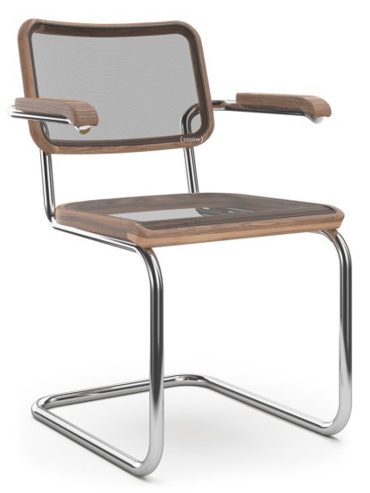 S 32 N / S 64 N Pure Materials Freischwinger, Nussbaum geölt, Verchromt, mit Armlehnen, Kunststoffgleiter schwarz mit Filz