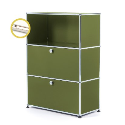 USM Haller E Highboard M mit 2 Klappen und Fachbeleuchtung, Olivgrün RAL 6003, Warmweiß