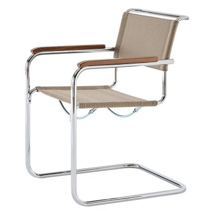 Details Thonet S 33 / S 34 V Stoff Freischwinger S 33 / S 34 V Stoff Freischwinger, mit Armlehnen Nussbaum geölt, Verchromt, Stoff Nobel 61297 - beige, Ohne Gleiter