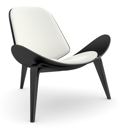 CH07 Shell Chair, Eiche schwarz lackiert, Leder weiß