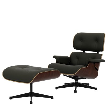 Lounge Chair & Ottoman, Nussbaum dunkel, Leder Premium F umbragrau, 84 cm - Originalhöhe 1956, Aluminium poliert, Seiten schwarz