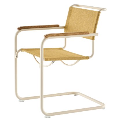 Details Thonet S 33 / S 34 V Stoff Freischwinger S 33 / S 34 V Stoff Freischwinger, mit Armlehnen Eiche geölt, Perlweiß matt pulverbeschichtet, Stoff Cento corn - sand, Kunststoffgleiter transparent mit Filz