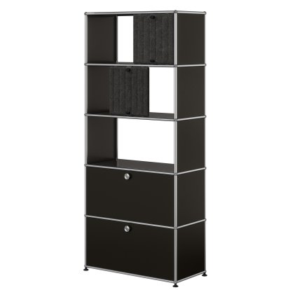 USM Haller Aktenregal mit 2 Klappen, oben ohne Rückwände mit zwei USM Haller Soft Panels, vertikal, Graphitschwarz RAL 9011, Dunkelgrau / Grau