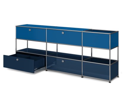 USM Haller Kinder Sideboard L mit Aufbewahrungsboxen, Zweifarbig, Enzianblau RAL 5010 - Stahlblau RAL 5011, Mit Klappe und Auszug (inkl. Einlegerahmen)