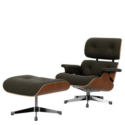 Eames Lounge Chair & Ottoman, Nussbaum natur, Leder Premium F khaki, 84 cm - Originalhöhe 1956, Aluminium poliert