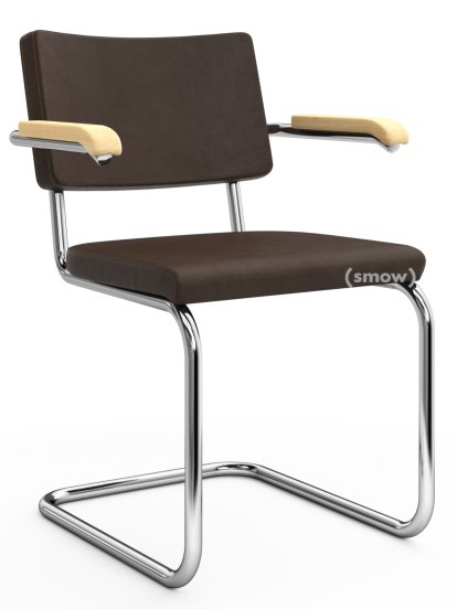 S 64 PV Pure Materials Freischwinger, Nubukleder dunkelbraun, Esche, Verchromt, Kunststoffgleiter schwarz mit Filz