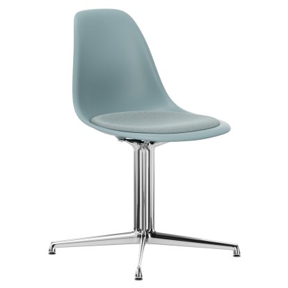 Eames Plastic Side Chair DSL, Eisgrau, Mit Sitzpolster, Eisblau / elfenbein, Aluminium poliert