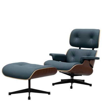 Eames Lounge Chair & Ottoman, Nussbaum dunkel, Leder Premium F rauchblau, 89 cm, Aluminium poliert, Seiten schwarz