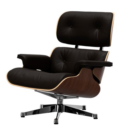 Eames Lounge Chair, Nussbaum dunkel, Leder Premium F chocolate, 84 cm - Originalhöhe 1956, Aluminium poliert