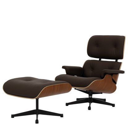 Eames Lounge Chair & Ottoman, Nussbaum natur, Leder Premium F kastanie, 89 cm, Aluminium poliert, Seiten schwarz