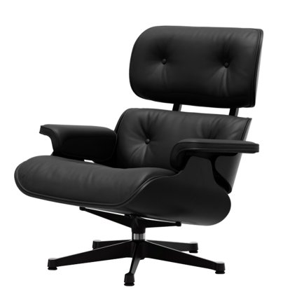 Eames Lounge Chair, Kastanie schwarz, Leder Premium F nero, 84 cm - Originalhöhe 1956, Aluminium poliert, Seiten schwarz