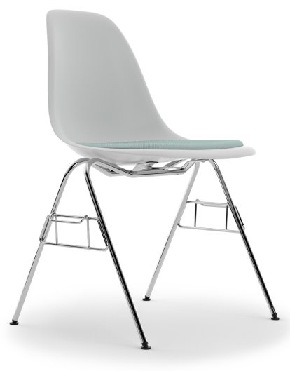 Eames Plastic Side Chair DSS / DSS-N, Cotton white, Mit Sitzpolster, Eisblau / elfenbein, Mit Reihenverbindung (DSS)