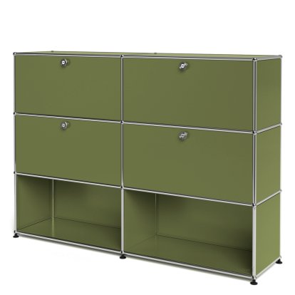 USM Haller Highboard L, individualisierbar, Olivgrün RAL 6003, Mit 2 Klappen, Mit 2 Klappen, Offen