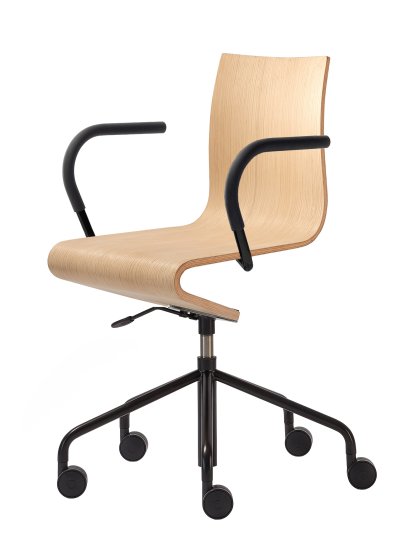 Arbeitsstuhl Seesaw, Schwarz, mit Gasfeder, Mit Armlehnen, farbgleich Untergestell, Eiche natur