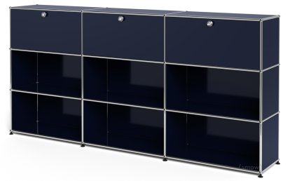 USM Haller Highboard XL, individualisierbar, Stahlblau RAL 5011, Mit 3 Klappen, Offen, Offen