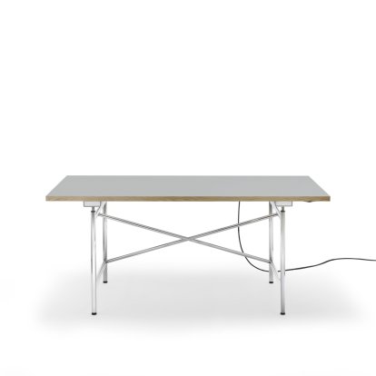 Eiermann 1 Tisch E (Elektrische Höhenverstellung), Linoleum aschgrau (Forbo 4132) mit Eichekante, 160 x 80 cm, Chrom, Mit Kabelkanal