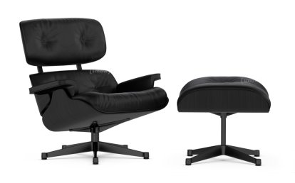 Lounge Chair & Ottoman, Esche schwarz lackiert, Leder Premium F nero, 84 cm - Originalhöhe 1956, Schwarz pulverbeschichtet