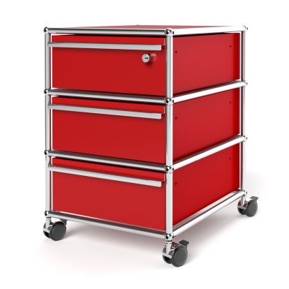 USM Haller Rollcontainer mit 3 Schubladen Typ I (mit Gegengewicht), Oberste Schublade mit Schloss, USM rubinrot