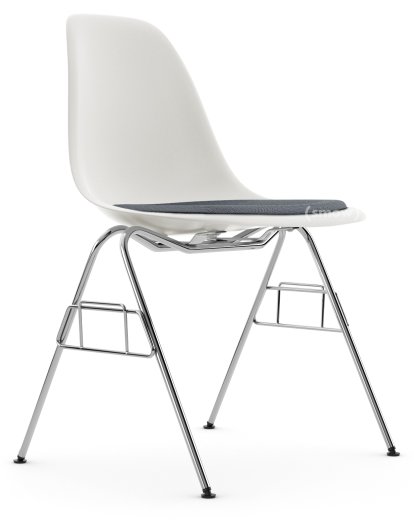 Eames Plastic Side Chair DSS / DSS-N, Weiß RE, Mit Sitzpolster, Dunkelblau / elfenbein, Ohne Reihenverbindung (DSS-N)