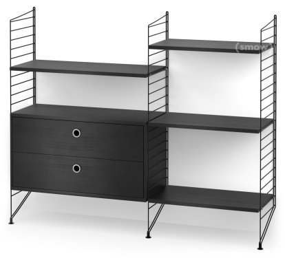 String System Bodenregal mit Schubladen, Schwarz, Eschefurnier schwarz