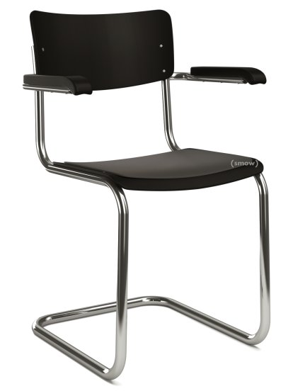 S 43 F Klassik Freischwinger, Gestell verchromt, Buche decklackiert, Tiefschwarz (RAL 9005), Sitzauflage schwarz, ungepolstert, Ohne Gleiter
