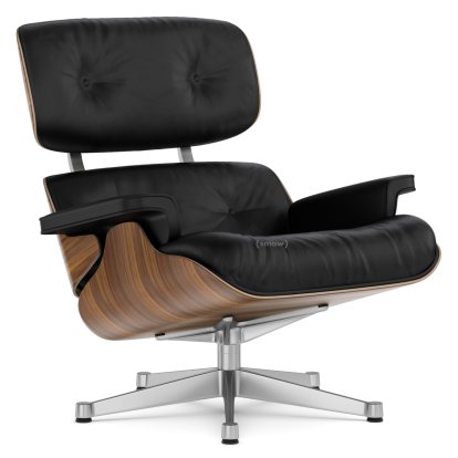Lounge Chair, Nussbaum schwarz pigmentiert, Leder Premium F nero, 84 cm - Originalhöhe 1956, Aluminium poliert