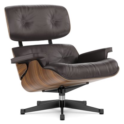 Lounge Chair, Nussbaum schwarz pigmentiert, Leder Premium F chocolate, 84 cm - Originalhöhe 1956, Aluminium poliert, Seiten schwarz