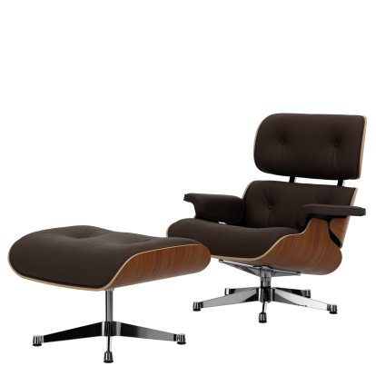 Lounge Chair & Ottoman, Nussbaum natur, Leder Premium F kastanie, 84 cm - Originalhöhe 1956, Aluminium poliert