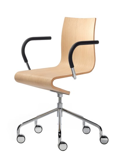 Arbeitsstuhl Seesaw, Verchromt, mit Spindel, Mit Armlehnen, farbgleich Untergestell, Eiche natur