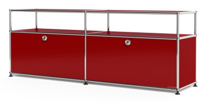 USM Haller Lowboard L mit Aufbau, individualisierbar, USM rubinrot, Mit 2 Klappen, Mit Kabeldurchlass unten mittig