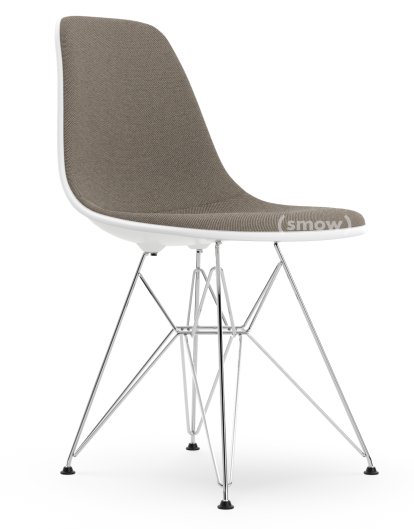 Eames Plastic Side Chair DSR, Weiß RE, Mit Vollpolsterung, Warmgrey / moorbraun, Standardhöhe - 43 cm, Verchromt