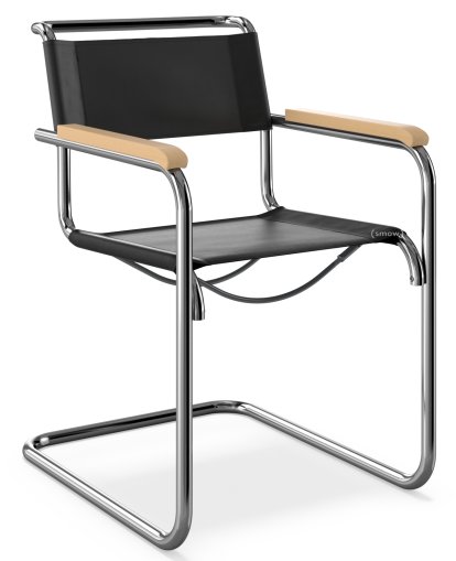 S 33 / S 34 Freischwinger, mit Armlehnen Buche gebeizt natur, Kernleder, schwarz, Kunststoffgleiter schwarz mit Filz
