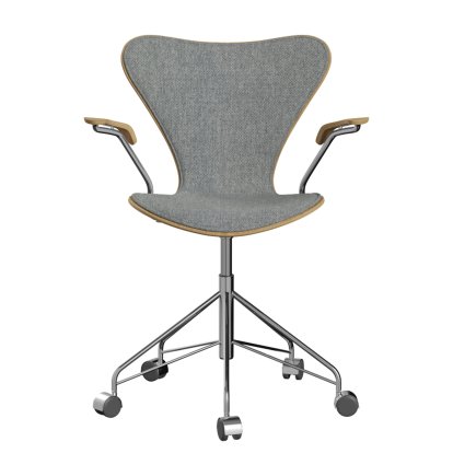 Serie 7 Drehstuhl 3117 / 3217 Frontpolsterung, Mit Armlehnen, Holz klar lackiert, Eiche klar lackiert, 116 - White grey, Chrome