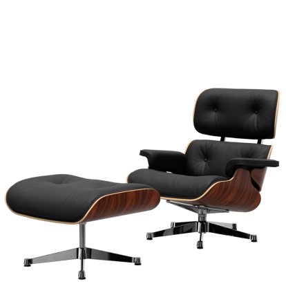 Eames Lounge Chair & Ottoman, Santos Palisander, Leder Premium F nero, 84 cm - Originalhöhe 1956, Aluminium poliert