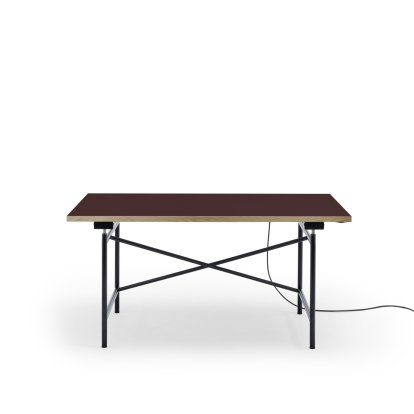 Eiermann 1 Tisch E (Elektrische Höhenverstellung), Linoleum burgunderrot (Forbo 4154) mit Eichekante, 140 x 80 cm, Schwarz, Ohne Kabelkanal