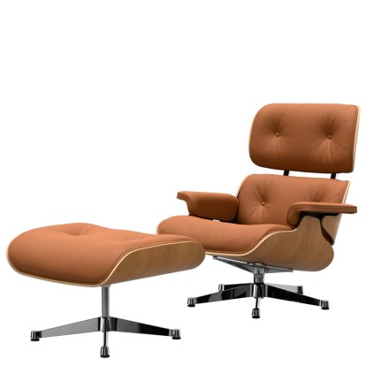 Eames Lounge Chair & Ottoman, Kirsche natur, Leder Premium F cognac, 89 cm, Aluminium poliert