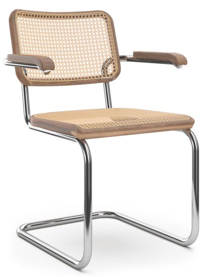S 32 V / S 64 V Pure Materials Freischwinger, Nussbaum lackiert, Verchromt, mit Armlehnen, Kunststoffgleiter schwarz mit Filz