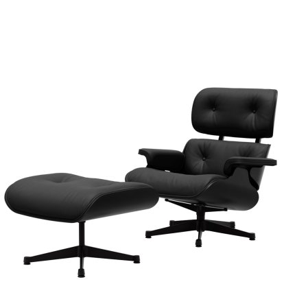 Eames Lounge Chair & Ottoman, Kastanie schwarz, Leder Premium F nero, 84 cm - Originalhöhe 1956, Schwarz pulverbeschichtet