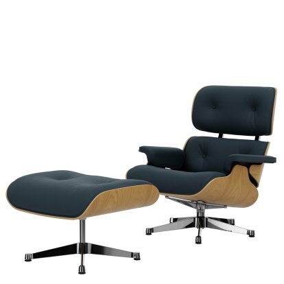 Eames Lounge Chair & Ottoman, Kastanie natur, Leder Premium F rauchblau, 84 cm - Originalhöhe 1956, Aluminium poliert