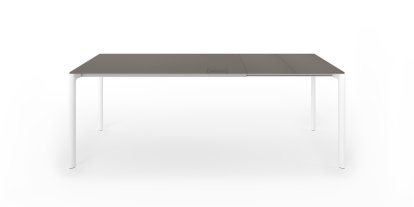 Maki Esstisch, L 139-214 x B 90 cm, Fenix grau Bromo mit farbgleicher Kante, Aluminium weiß lackiert