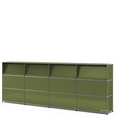 USM Haller Theke Typ 2 (mit Schrägtablaren), Olivgrün RAL 6003, 300 cm (4 Elemente), 35 cm