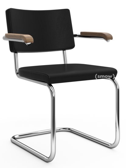 S 64 PV Pure Materials Freischwinger, Nappaleder schwarz, Nussbaum, Verchromt, Kunststoffgleiter schwarz mit Filz