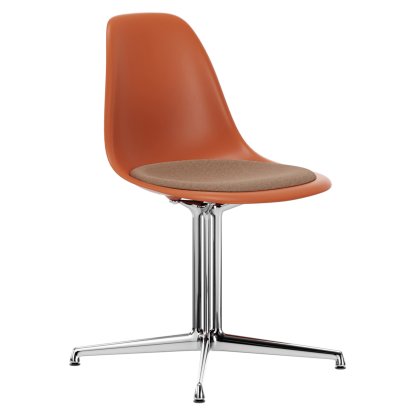 Eames Plastic Side Chair DSL, Rostorange, Mit Sitzpolster, Cognac / elfenbein, Aluminium poliert