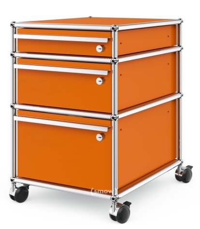 USM Haller Rollcontainer mit 3 Schubladen Typ II (mit Gegengewicht), Alle Fächer mit Schloss, Reinorange RAL 2004