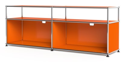 USM Haller Lowboard L mit Aufbau, individualisierbar, Reinorange RAL 2004, Offen, Mit Kabeldurchlass oben mittig